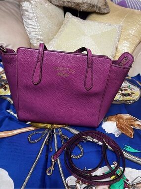 Gucci Swing Small Leather Tote Purple Pebbled Leather Crossbody Bag w/ Dust Bag